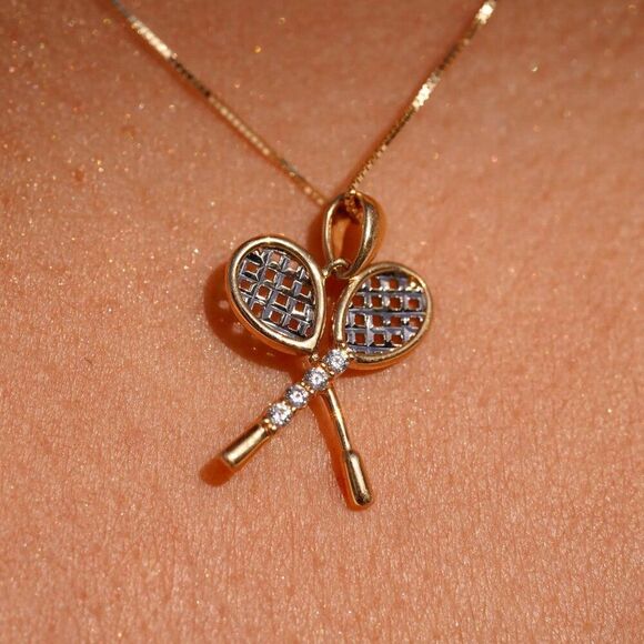 14K Solid Gold Tennis Racquet Pendant 1.4g Two-Tone - Picture 5 of 5